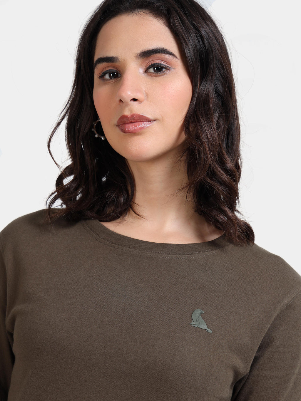 Olive Green Cotton Crew Neck Logo T-Shirt For Women