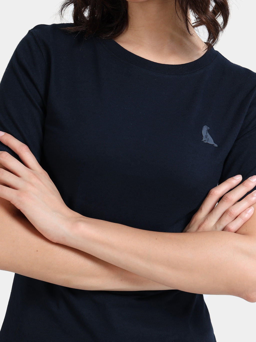 Navy Cotton Crew Neck Logo T-Shirt For Women