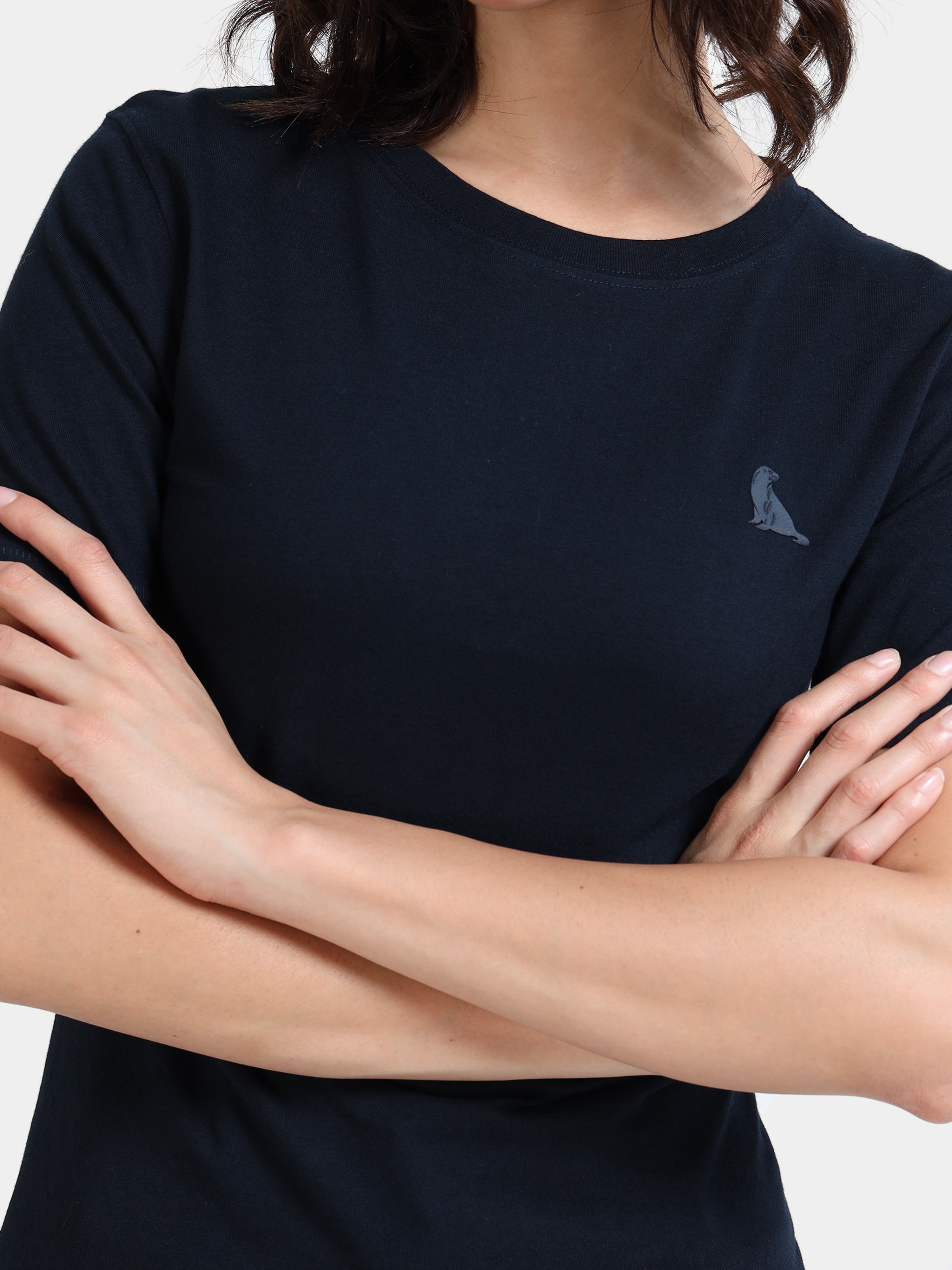 Navy Cotton Crew Neck Logo T-Shirt For Women
