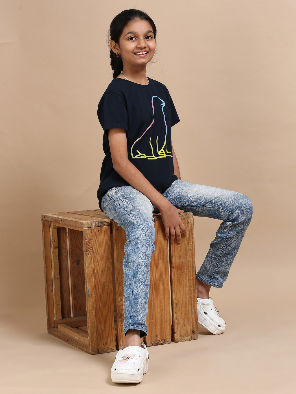 Navy 100% Cotton Crew Neck Girl's T Shirt