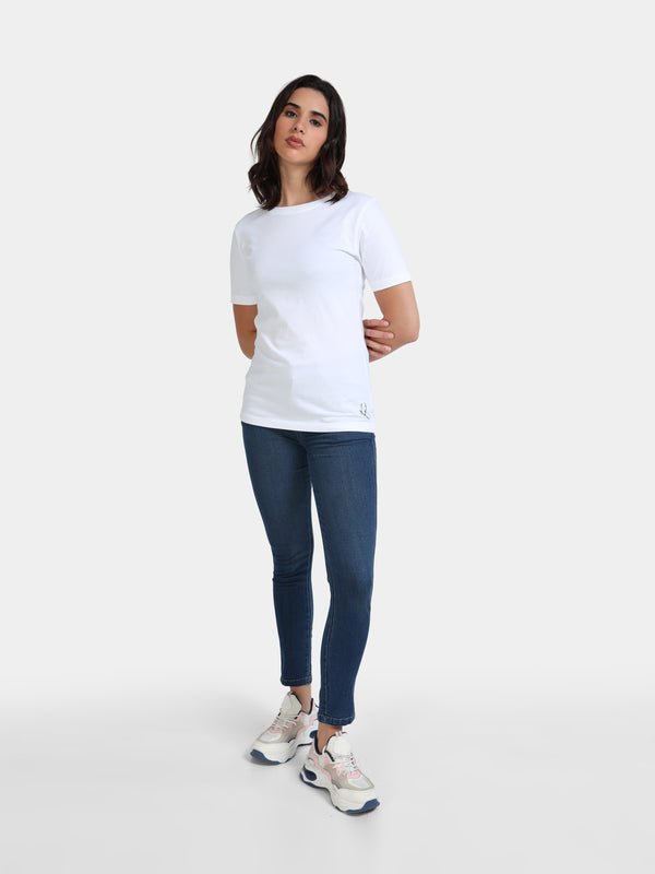 White Cotton Crew Neck Plain T-Shirt For Women