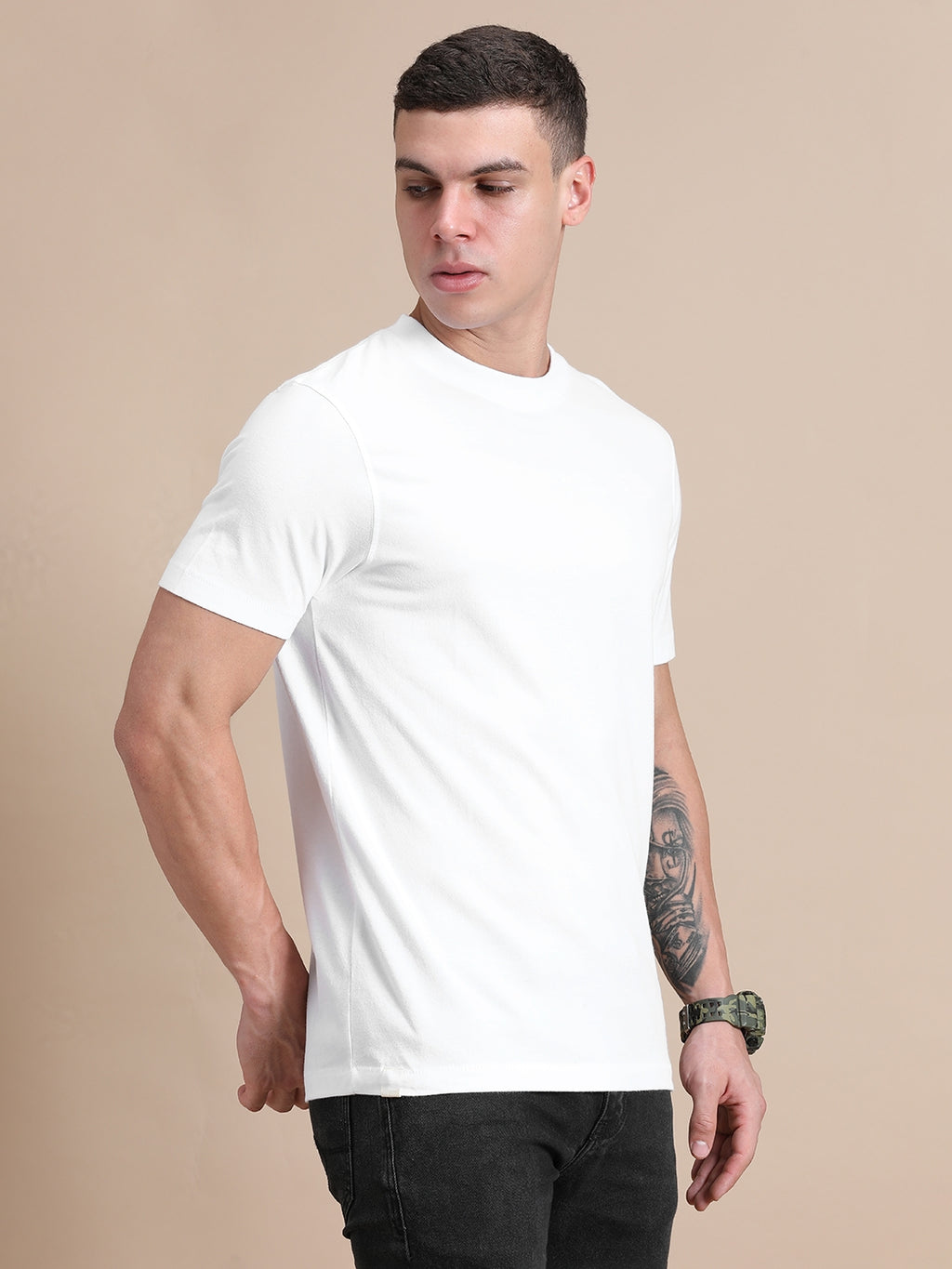 White Cotton Crew Neck Plain T-Shirt For Men