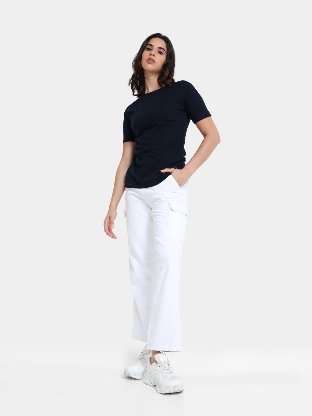 Navy Cotton Crew Neck Plain T-Shirt For Women