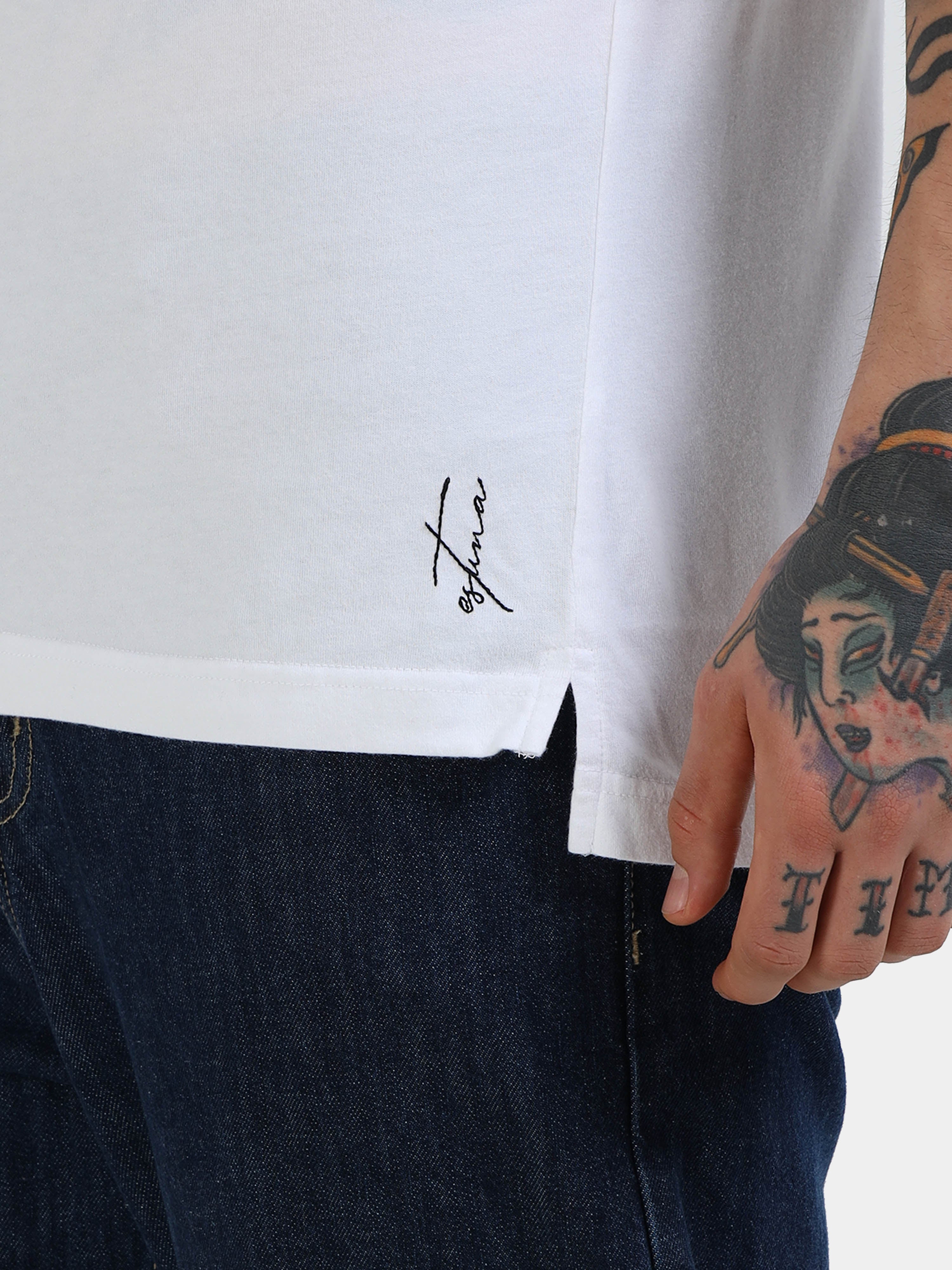 White Cotton Self Craft Polo Tee for Men