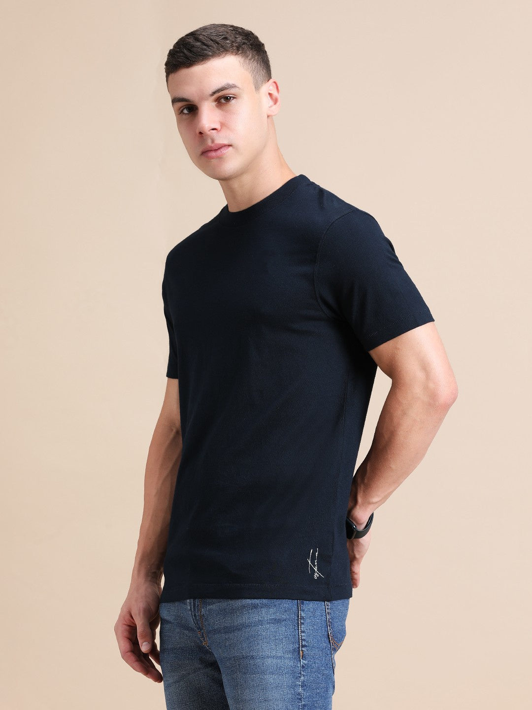 Navy Blue Cotton Crew Neck Plain T-Shirt For Men