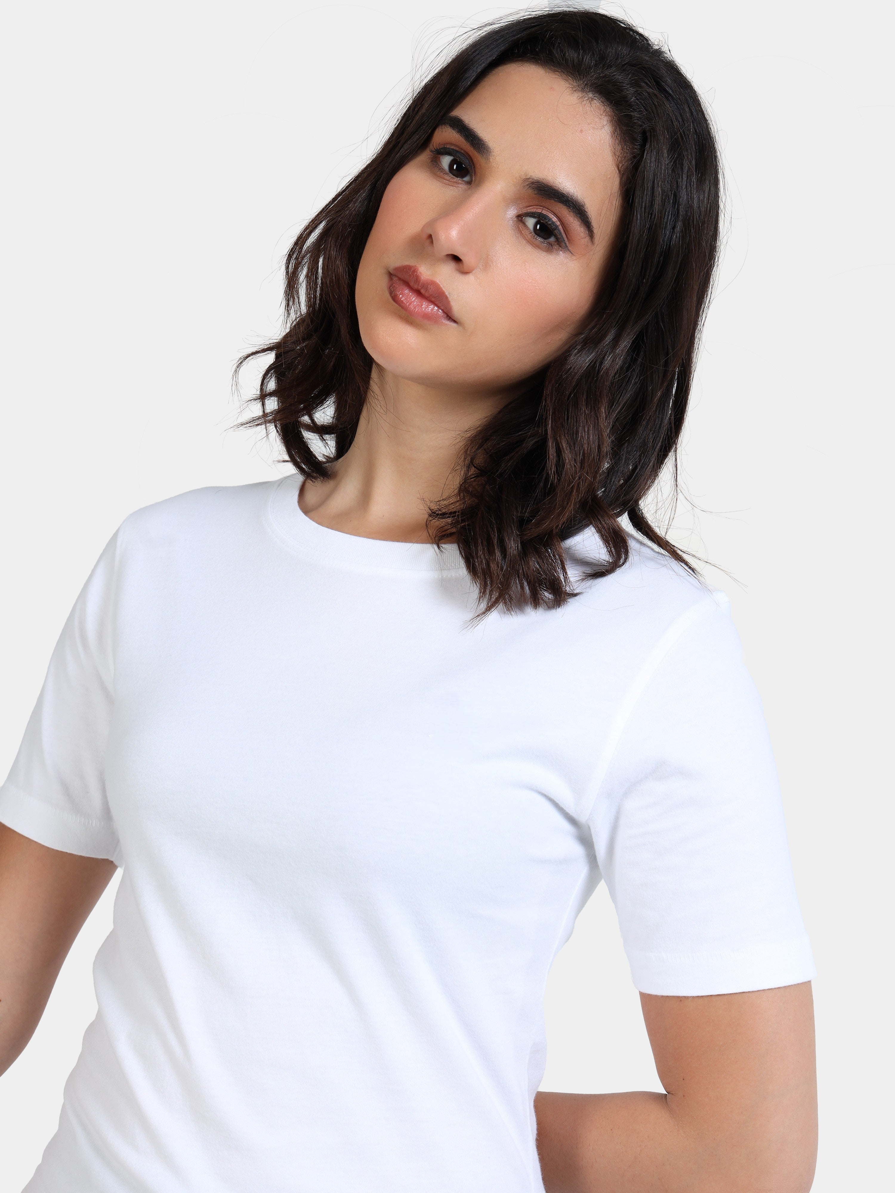 White Cotton Crew Neck Plain T-Shirt For Women