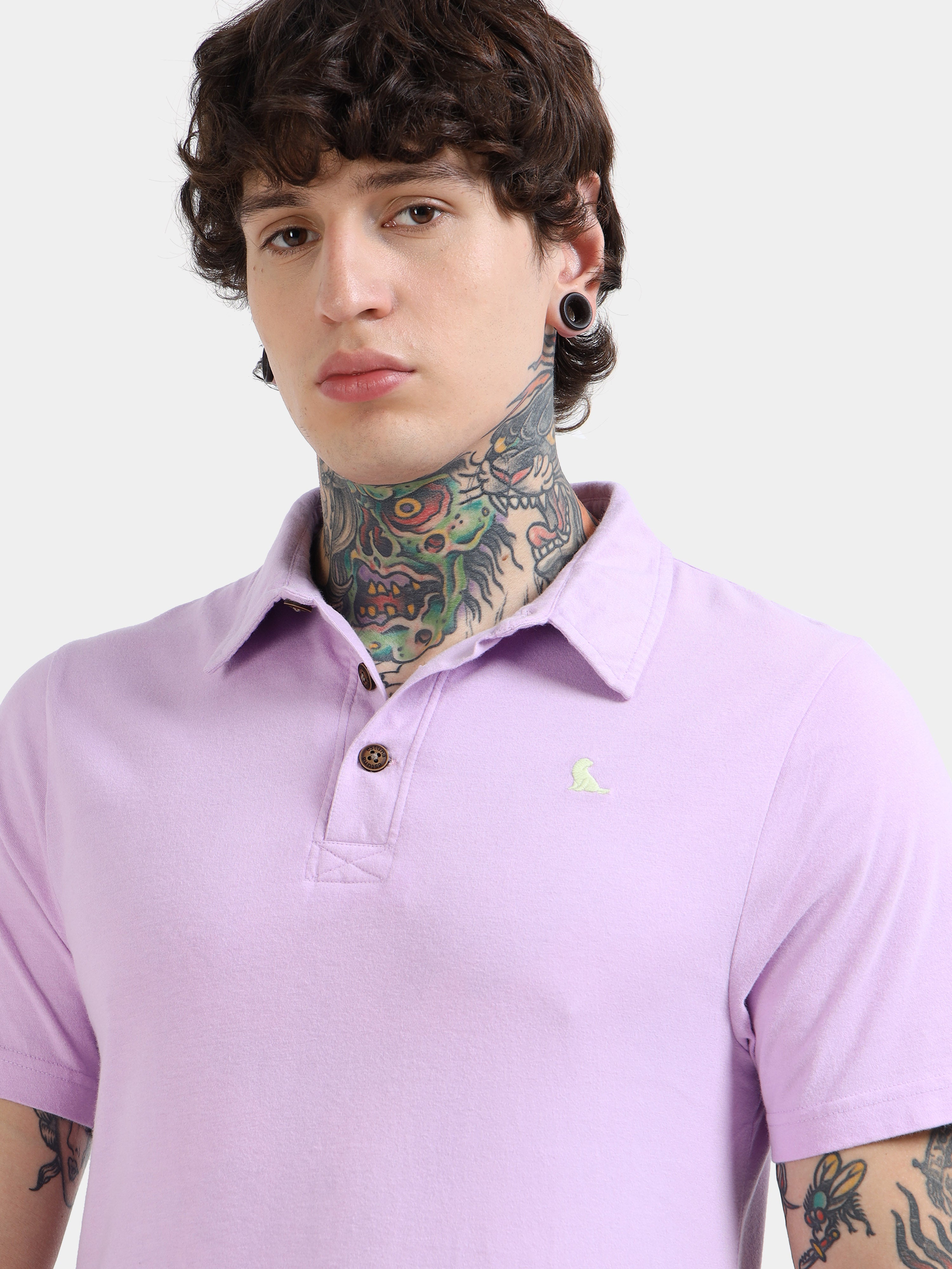 Lilac Cotton Self Craft Polo Tee for Men
