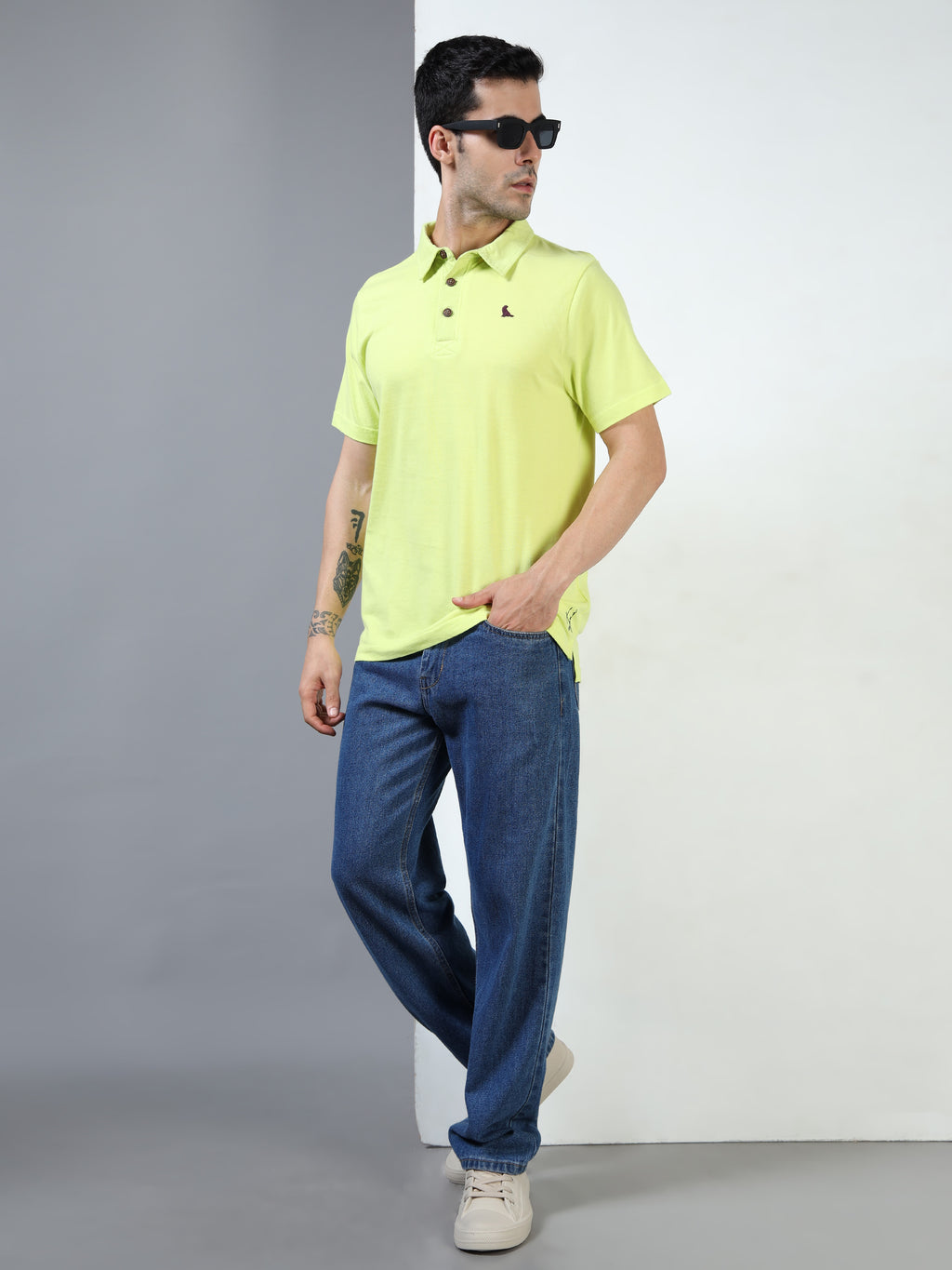 Lime Cotton Self Craft Polo Tee for Men