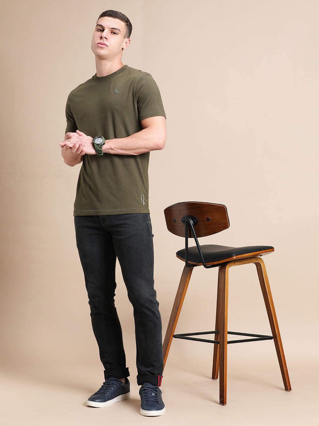 Olive Green Cotton Crew Neck Logo T-Shirt For Men