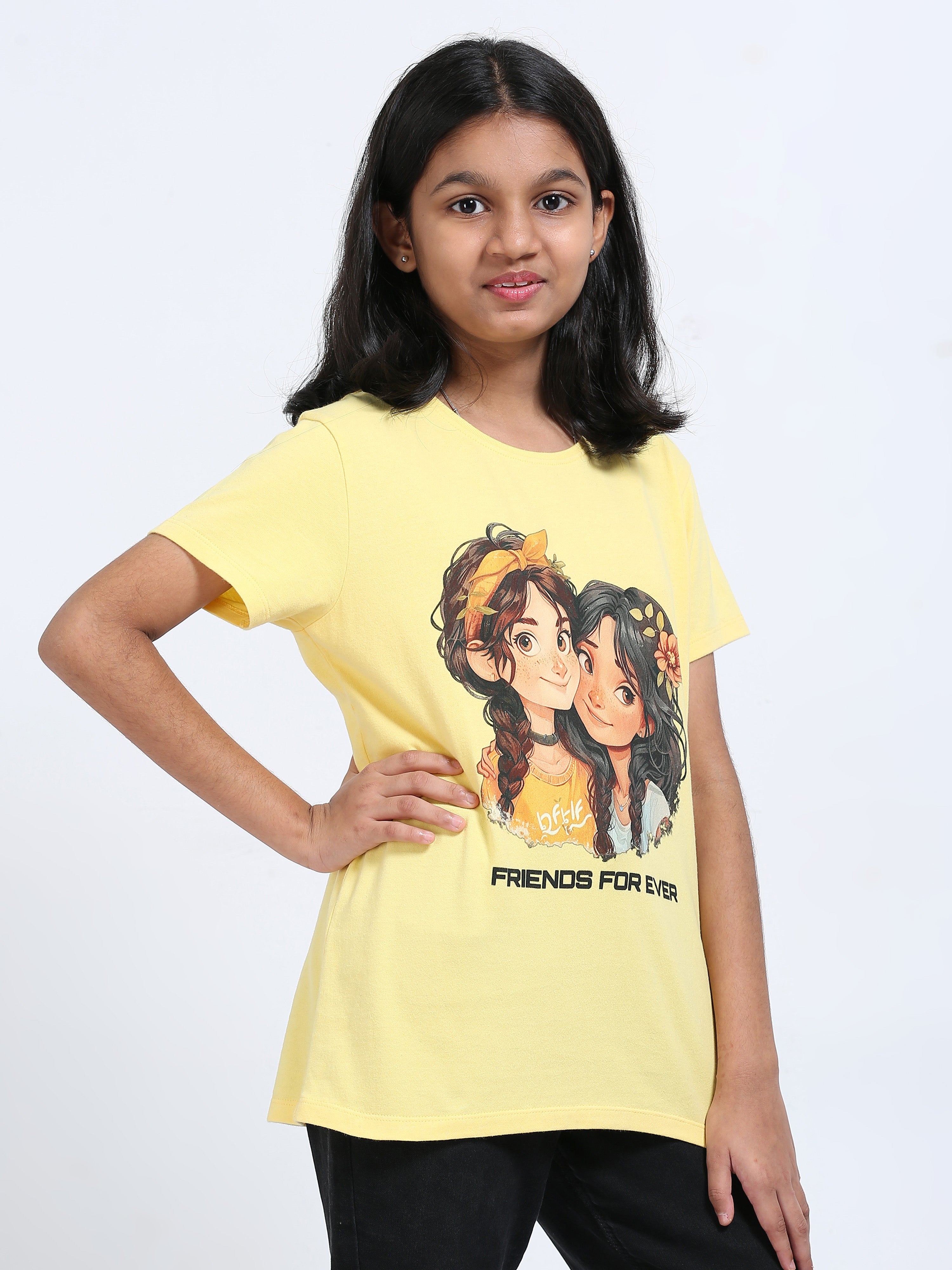 Yellow 100% Cotton Crew Neck Girl's T Shirt