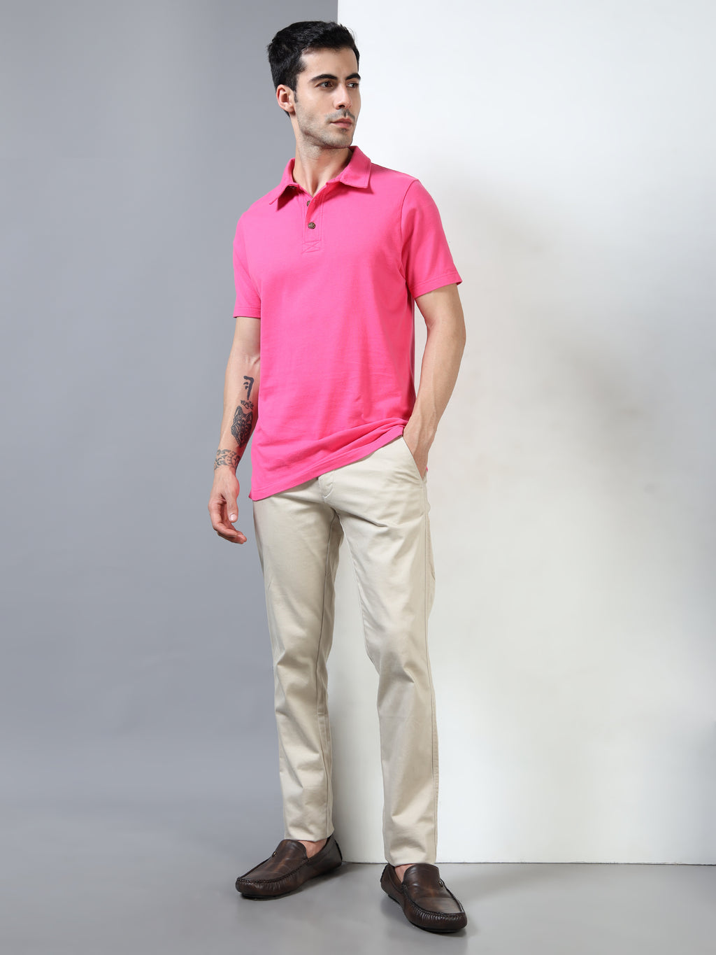 Hot Pink Self Craft Polo Tee for Men