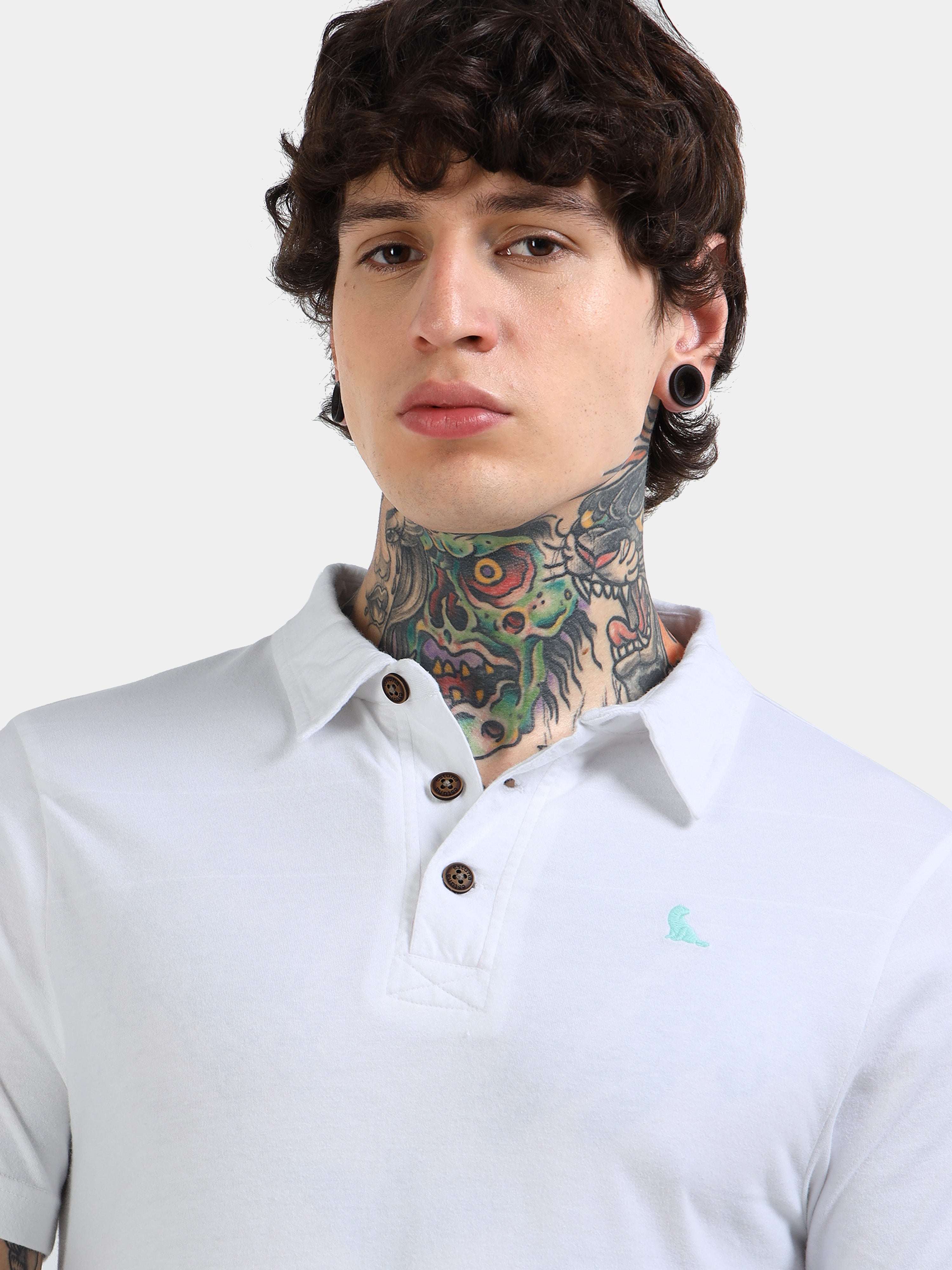 White Cotton Self Craft Polo Tee for Men