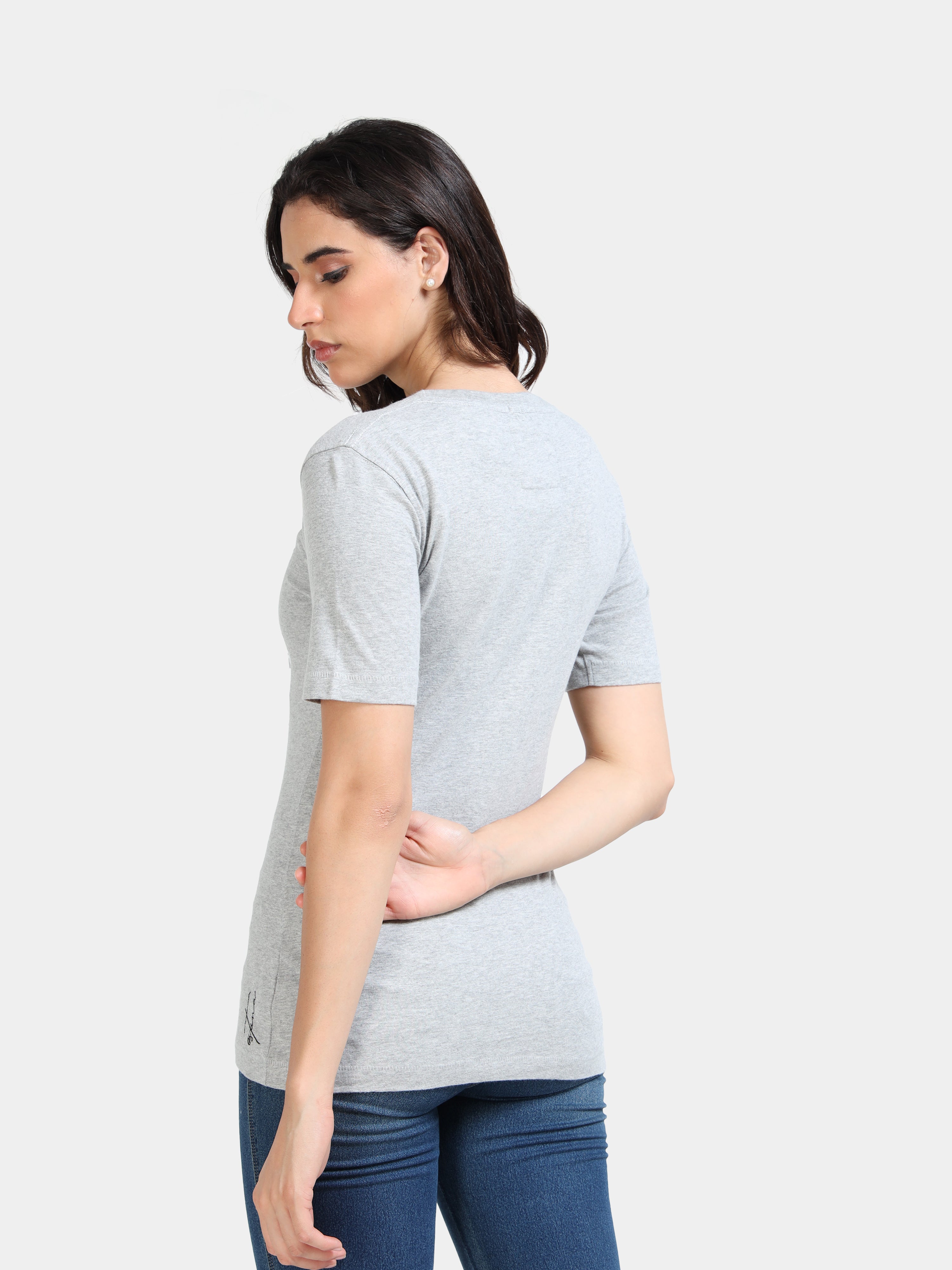 Melange Cotton Crew Neck Plain T-Shirt For Women