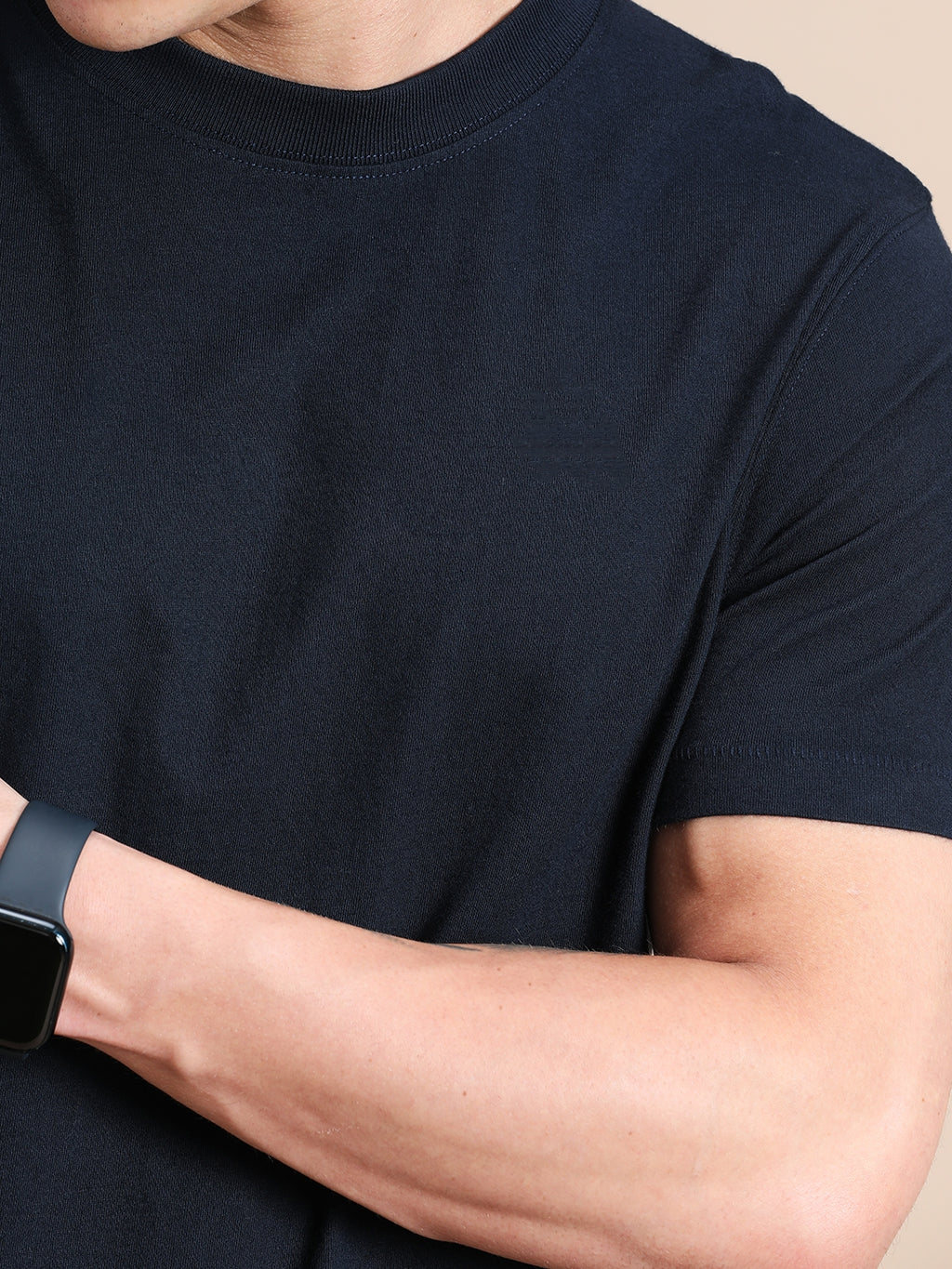 Navy Blue Cotton Crew Neck Plain T-Shirt For Men