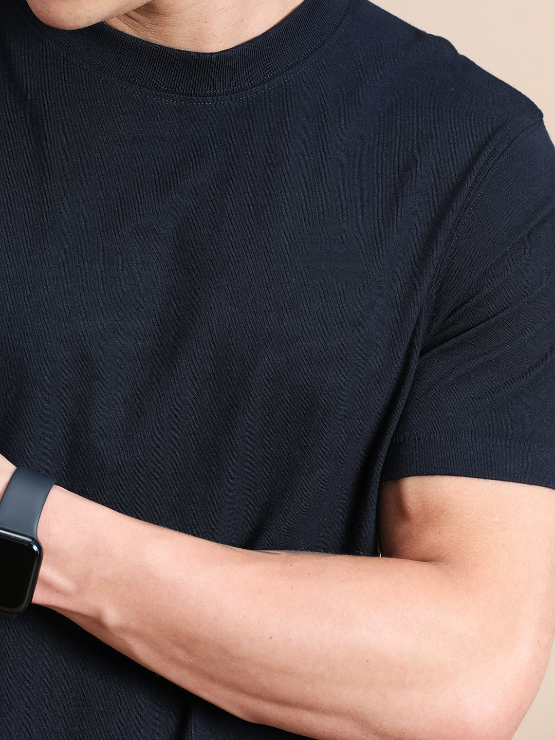 Navy Blue Cotton Crew Neck Plain T-Shirt For Men