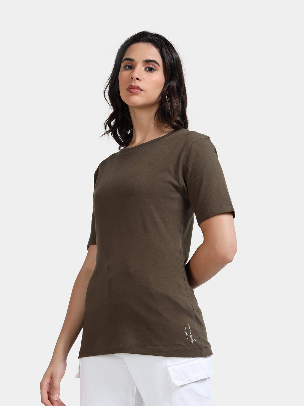 Olive Green Cotton Crew Neck Plain T-Shirt For Women