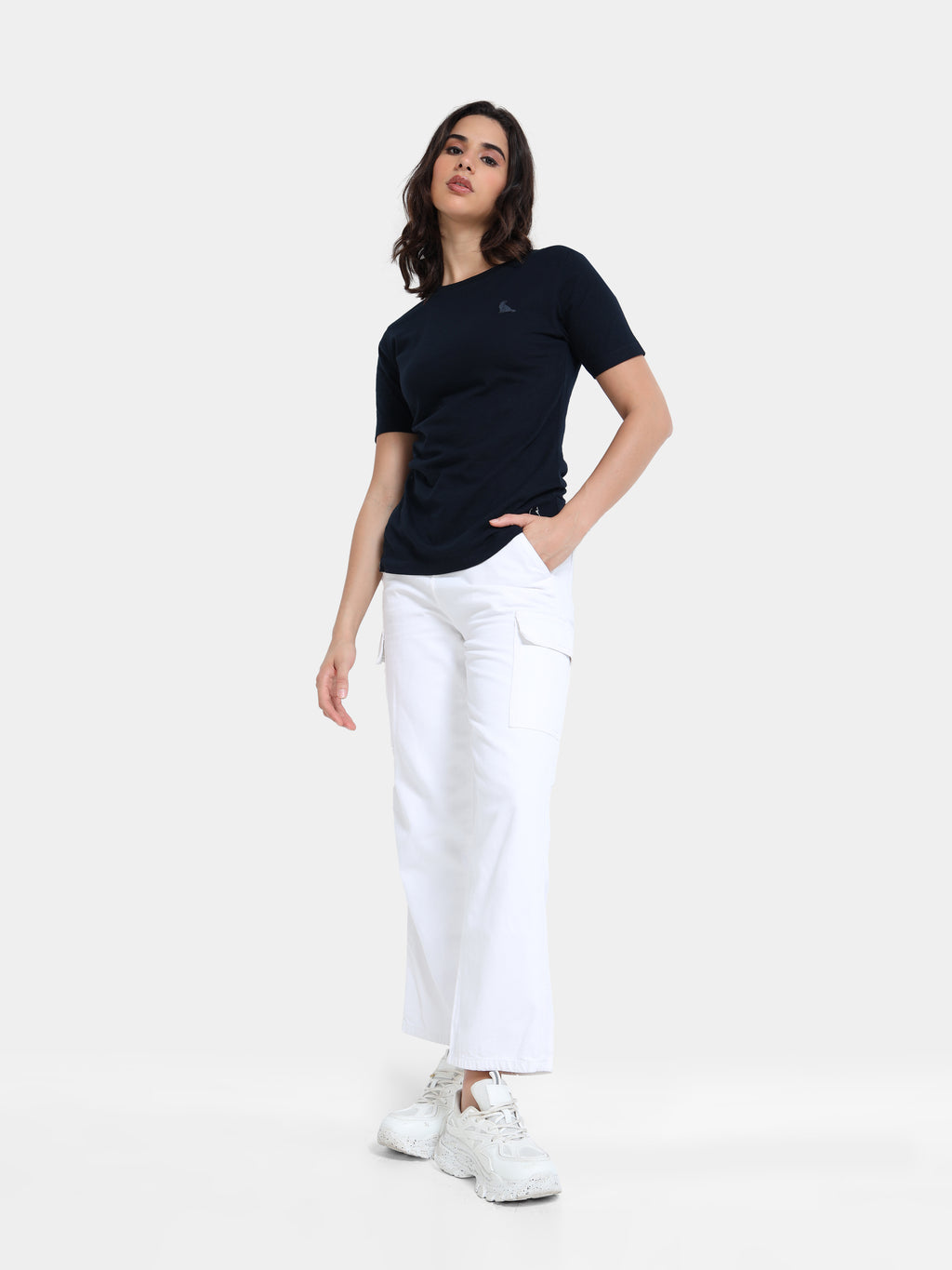 Navy Cotton Crew Neck Logo T-Shirt For Women