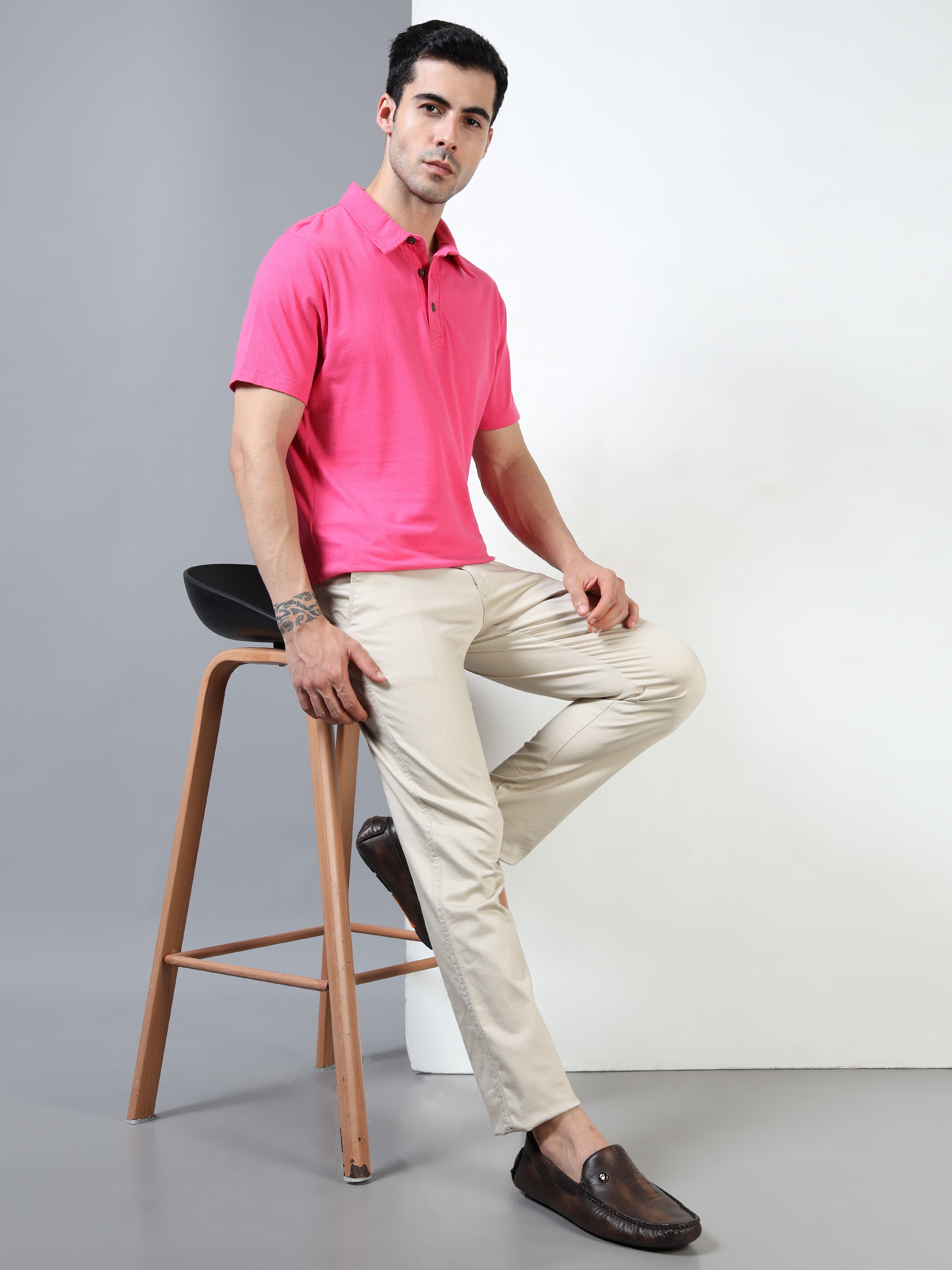 Hot Pink Self Craft Polo Tee for Men