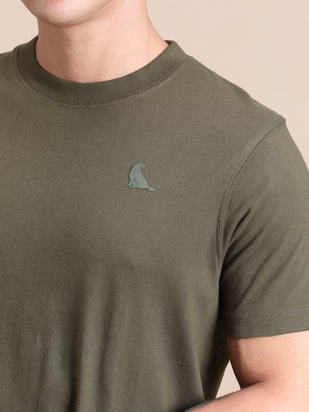 Olive Green Cotton Crew Neck Logo T-Shirt For Men