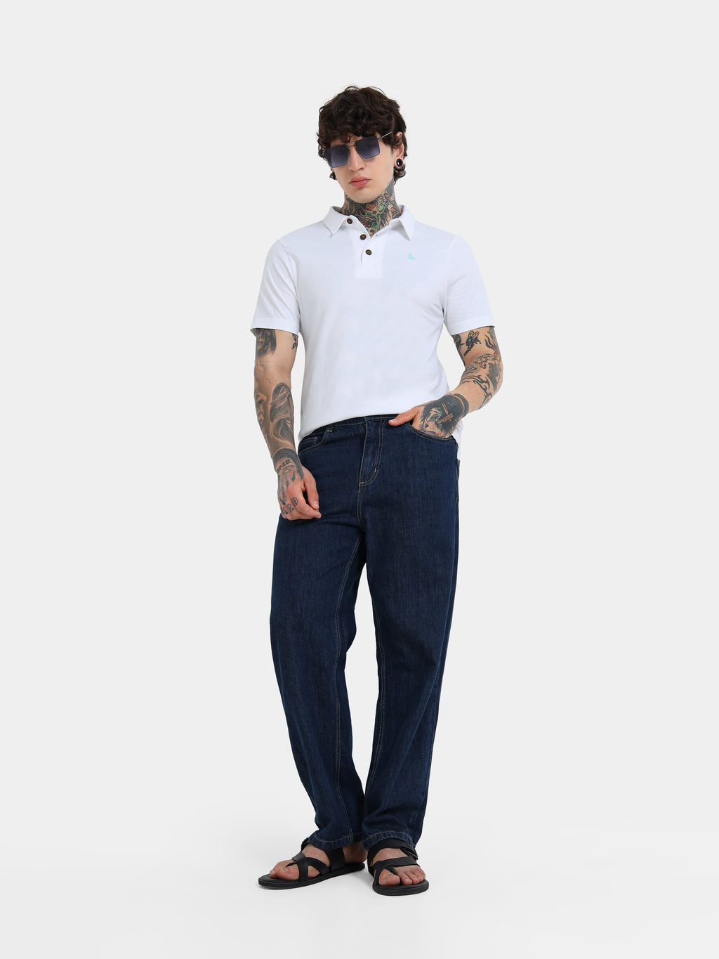White Cotton Self Craft Polo Tee for Men