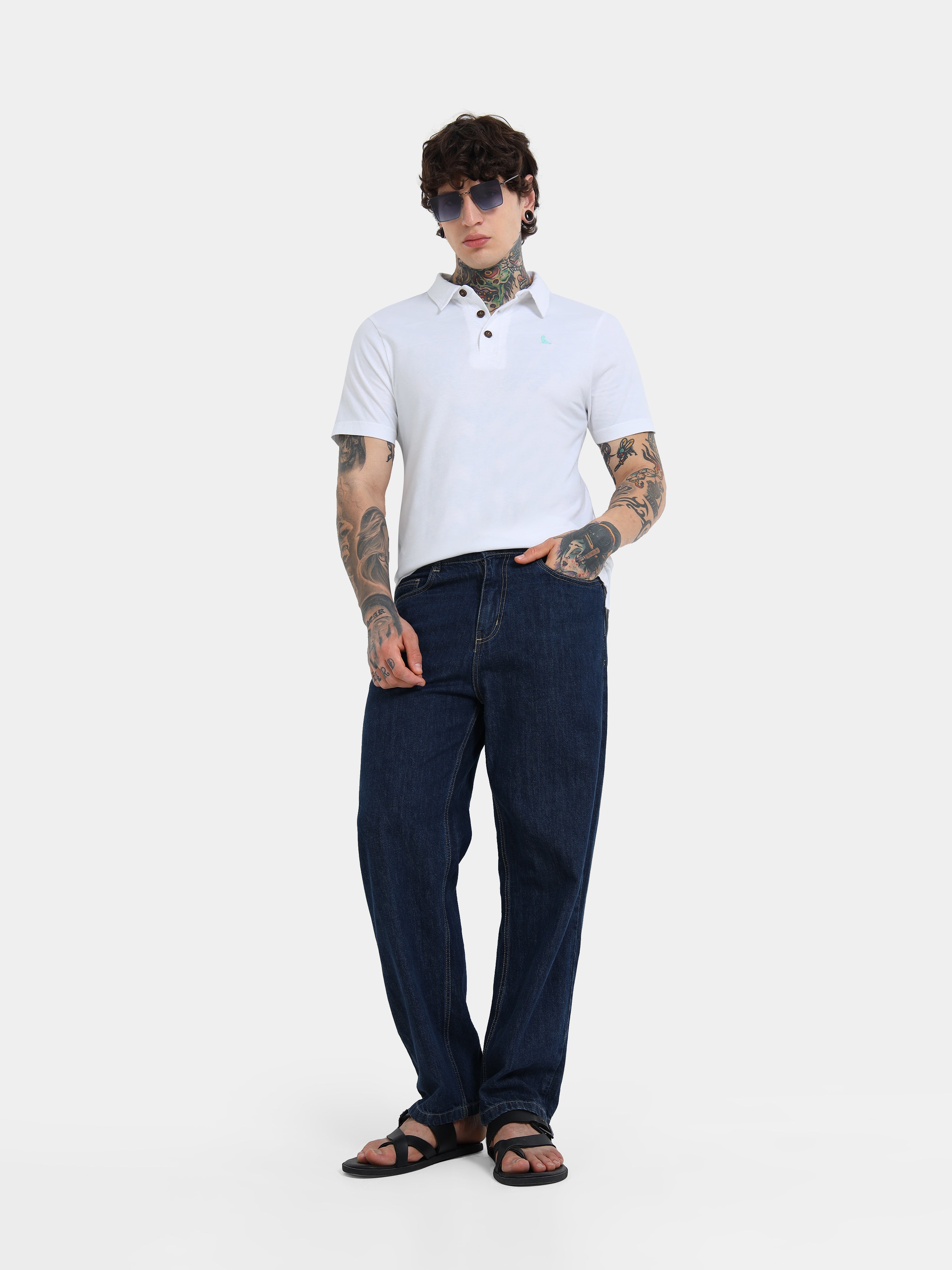 White Cotton Self Craft Polo Tee for Men