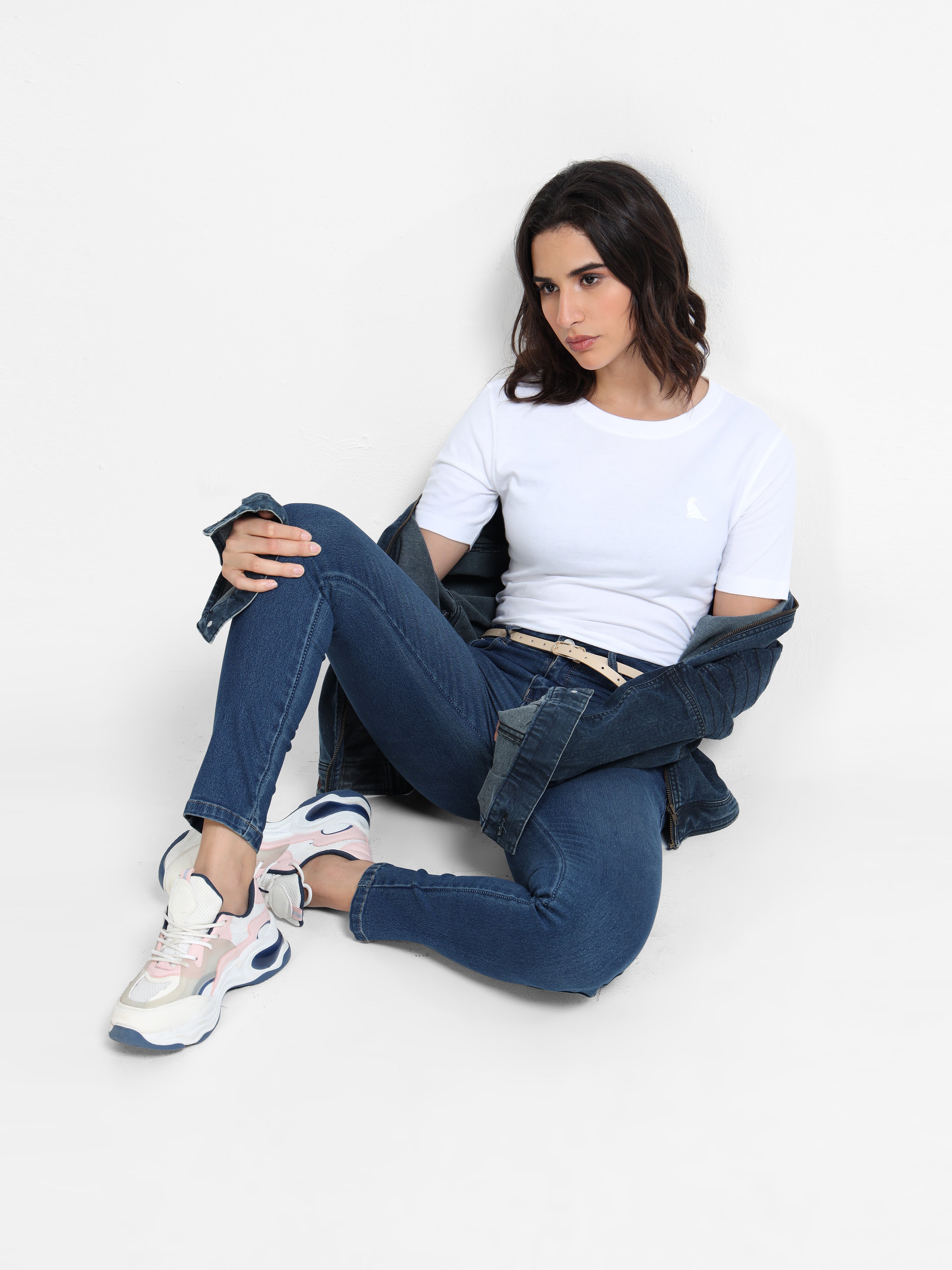 White Cotton Crew Neck Logo T-Shirt For Women