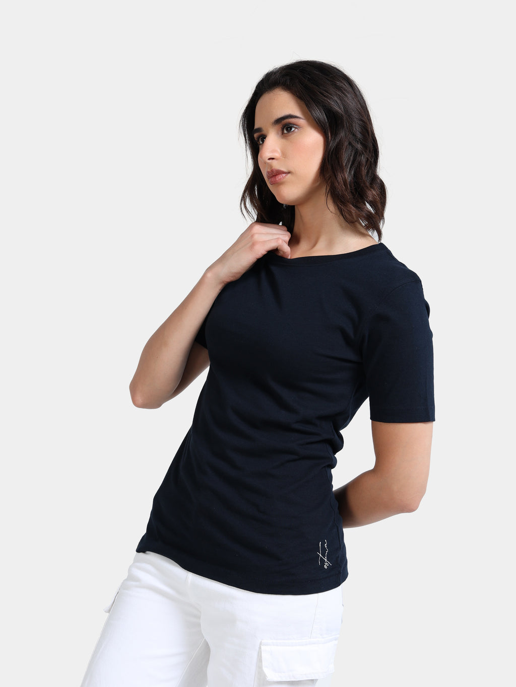 Navy Cotton Crew Neck Plain T-Shirt For Women