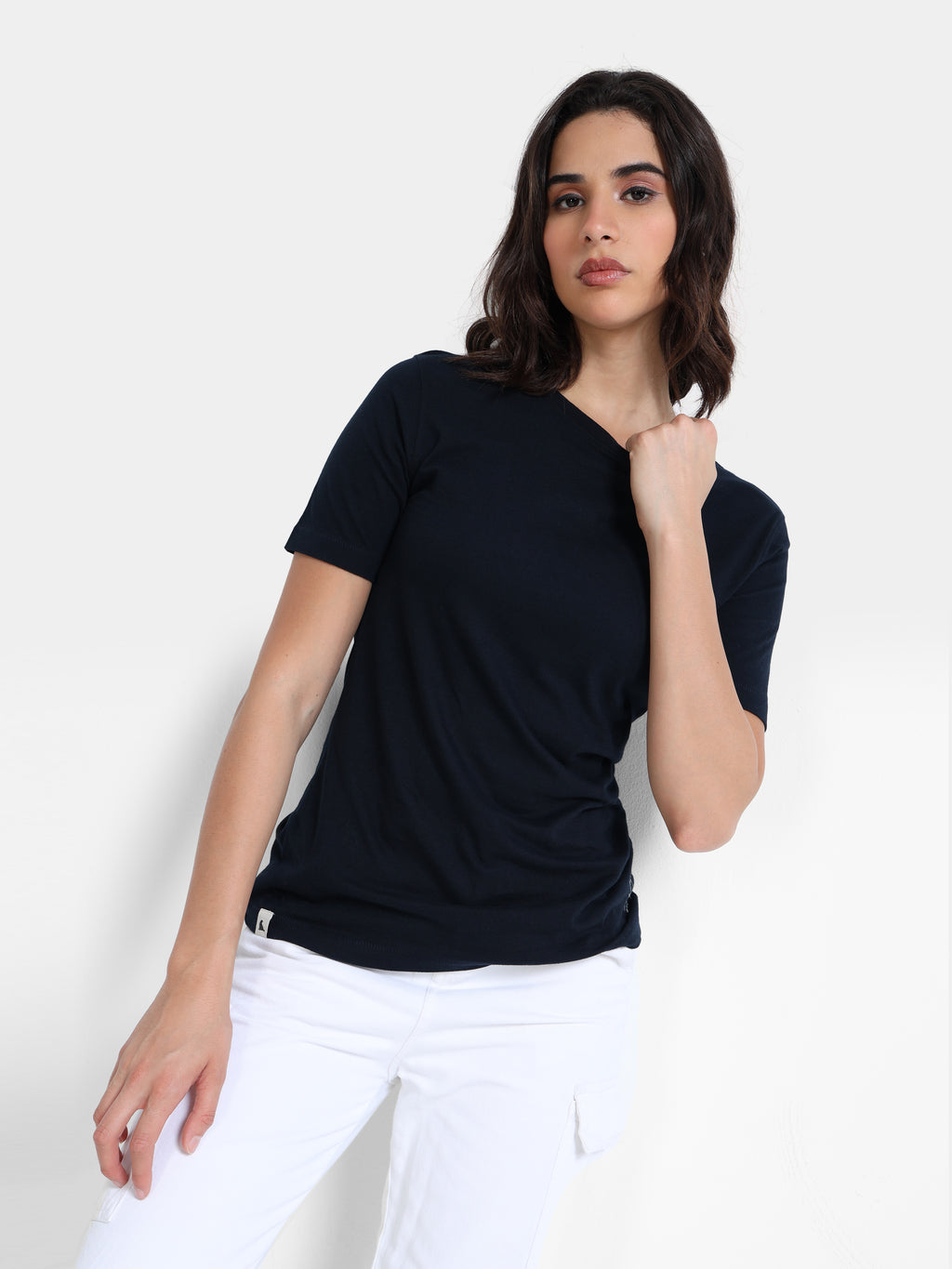 Navy Cotton Crew Neck Logo T-Shirt For Women
