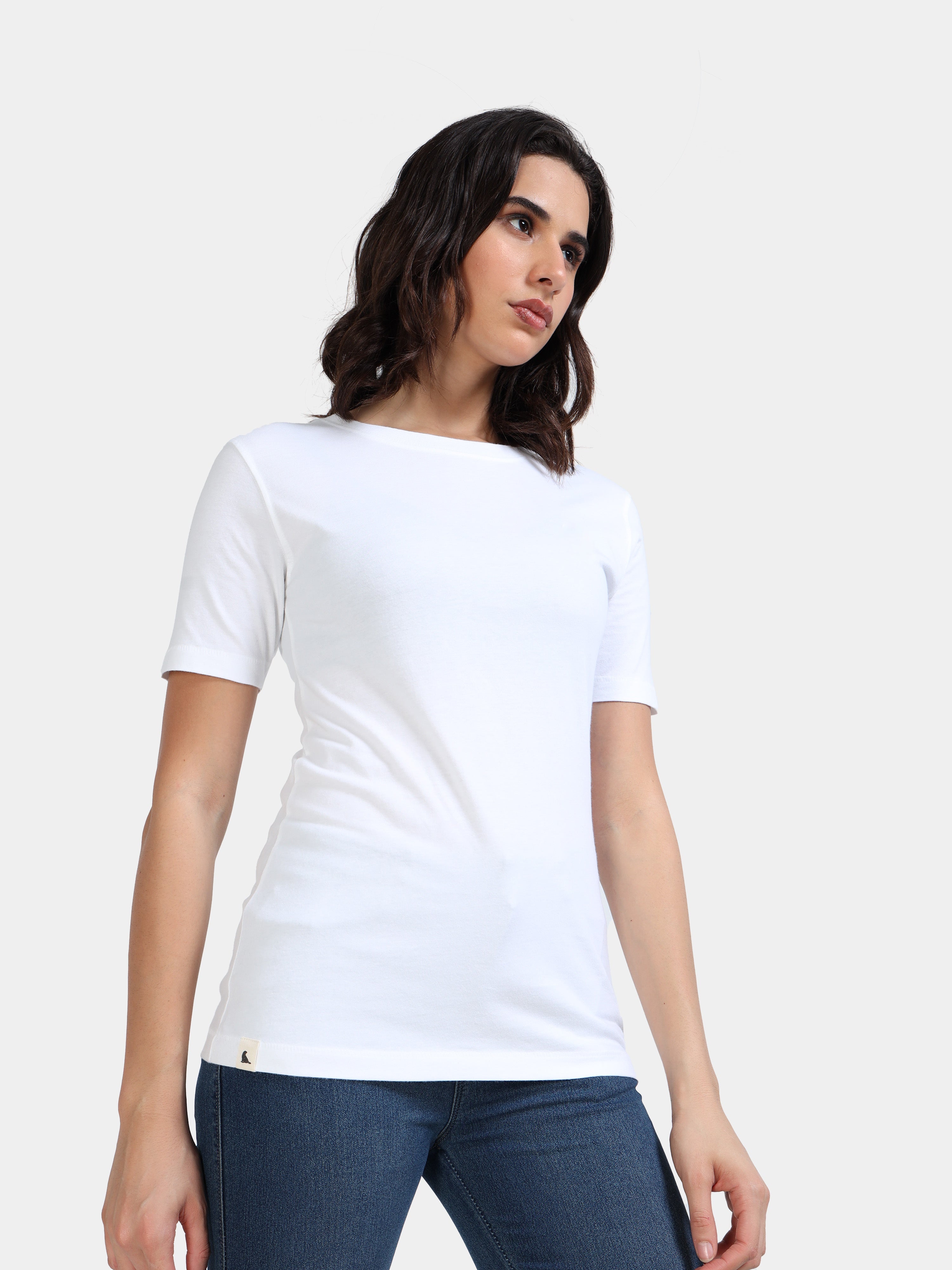 White Cotton Crew Neck Plain T-Shirt For Women
