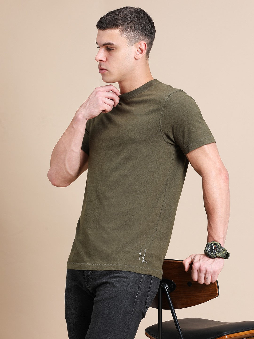 Olive Green Cotton Crew Neck Plain T-Shirt For Men