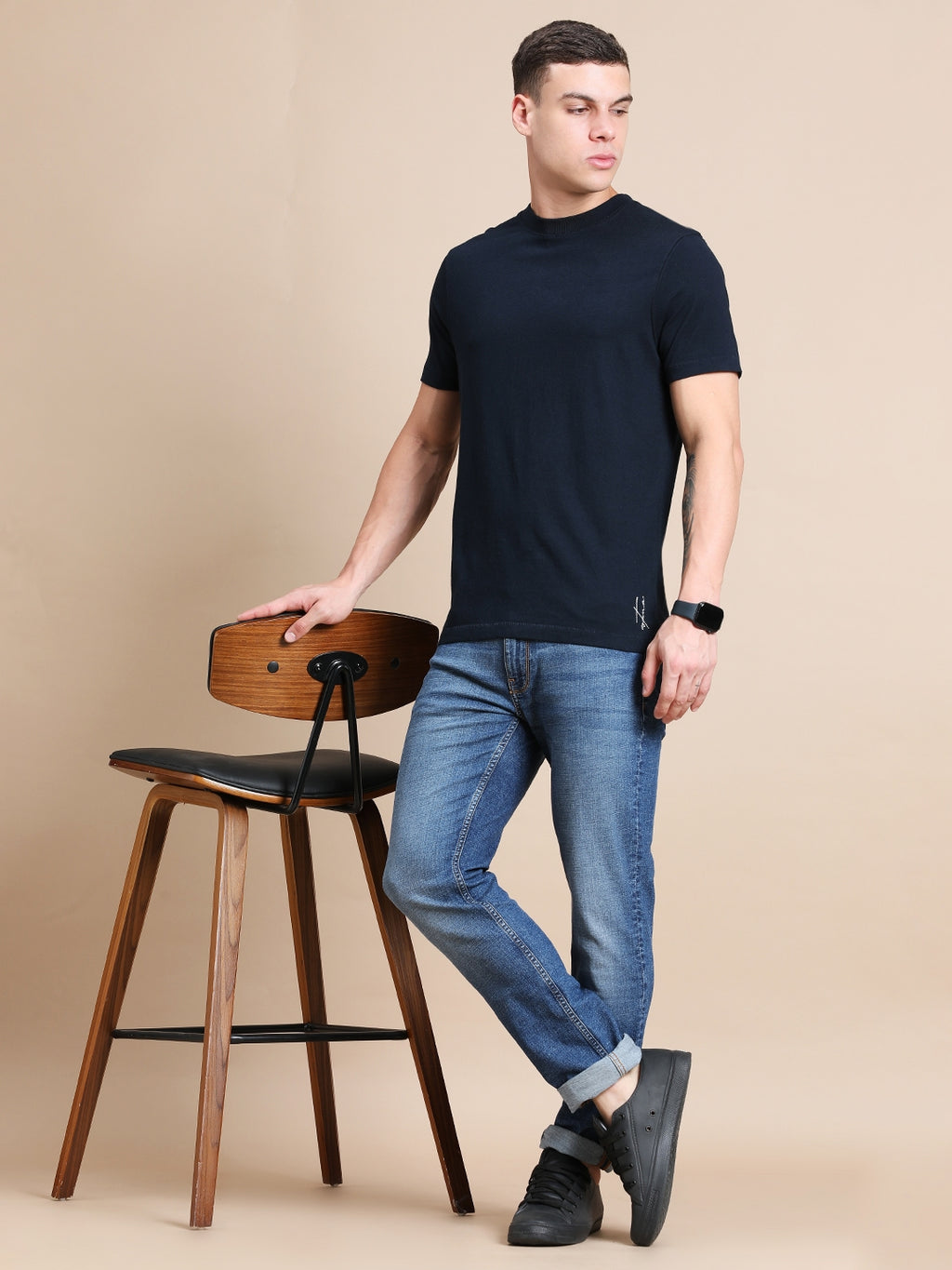 Navy Blue Cotton Crew Neck Plain T-Shirt For Men