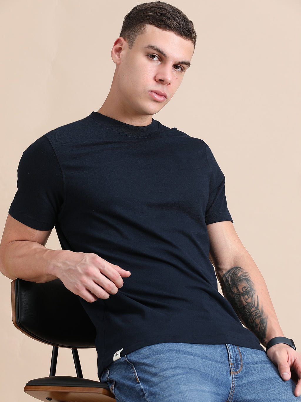 Navy Blue Cotton Crew Neck Plain T-Shirt For Men