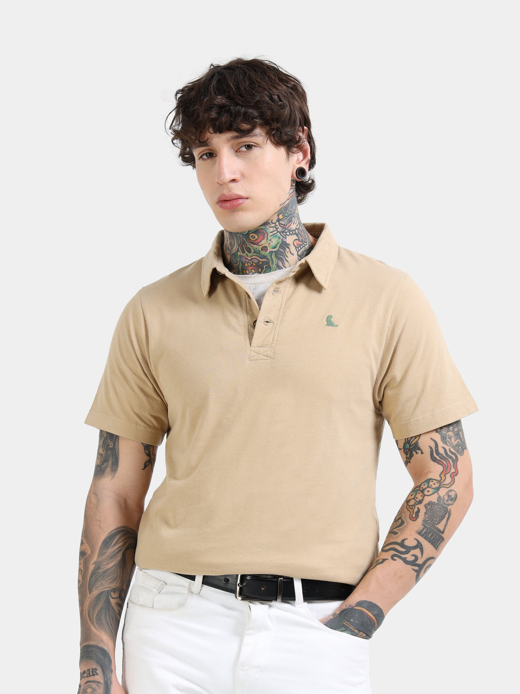 Beige Self Craft Polo Tee for Men