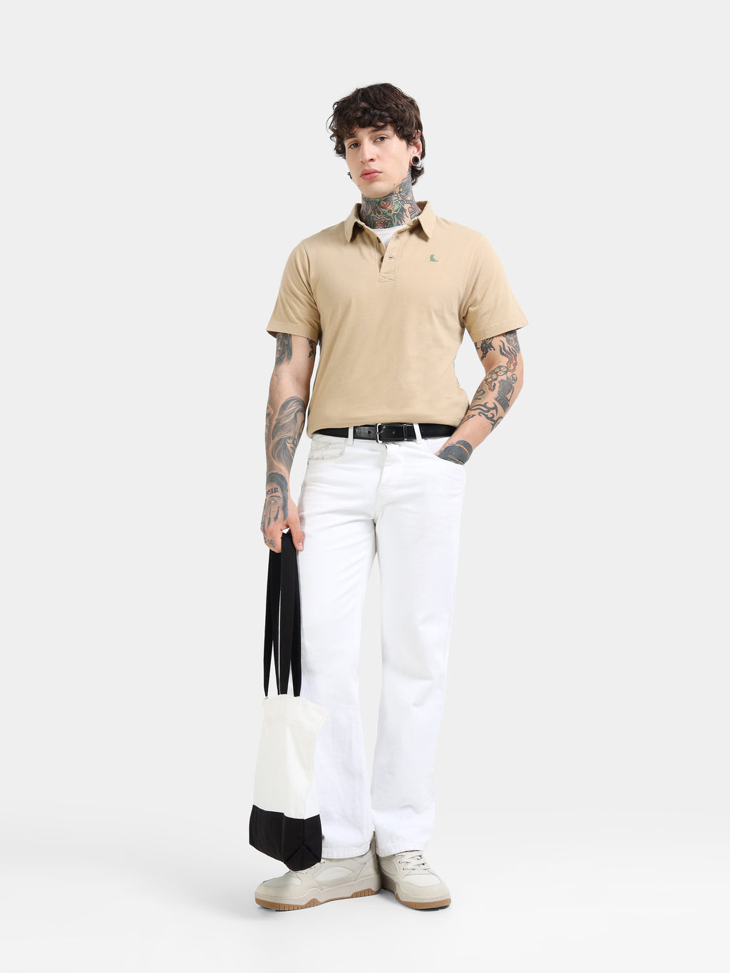 Beige Self Craft Polo Tee for Men
