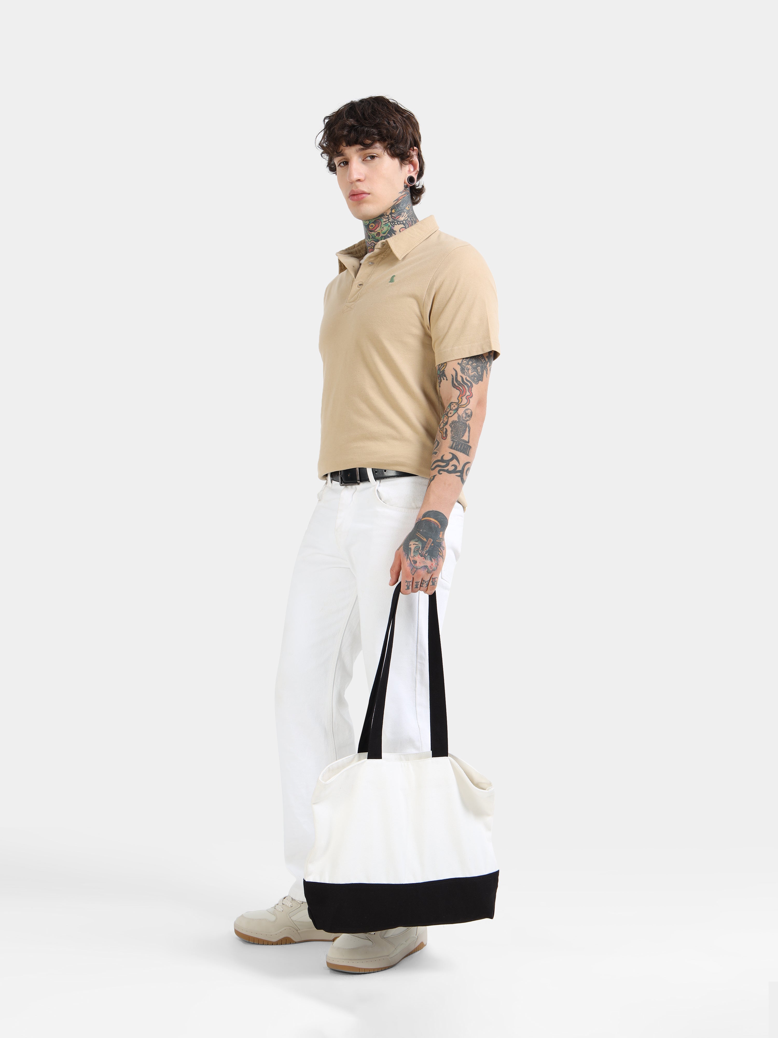 Beige Self Craft Polo Tee for Men