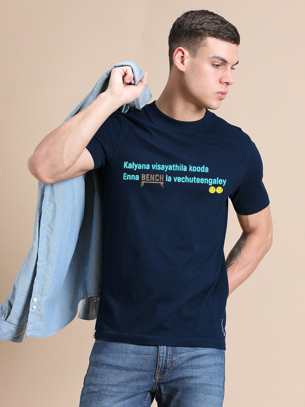 Navy Blue Cotton Crew Neck Printed T-Shirt For Men