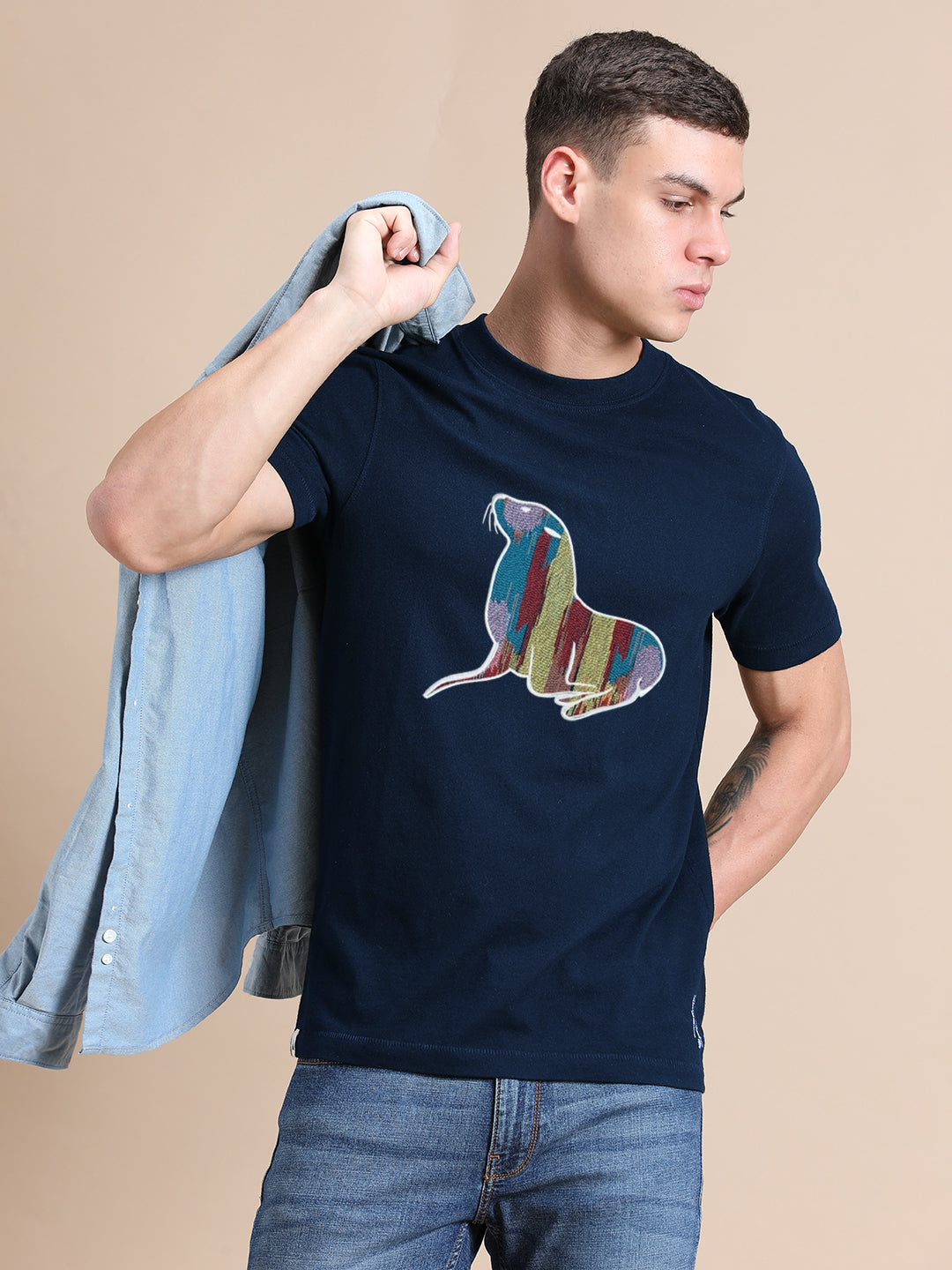 Navy Blue Cotton Crew Neck Logo T-Shirt For Men