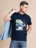 Navy Blue Cotton Crew Neck Printed T-Shirt For Men