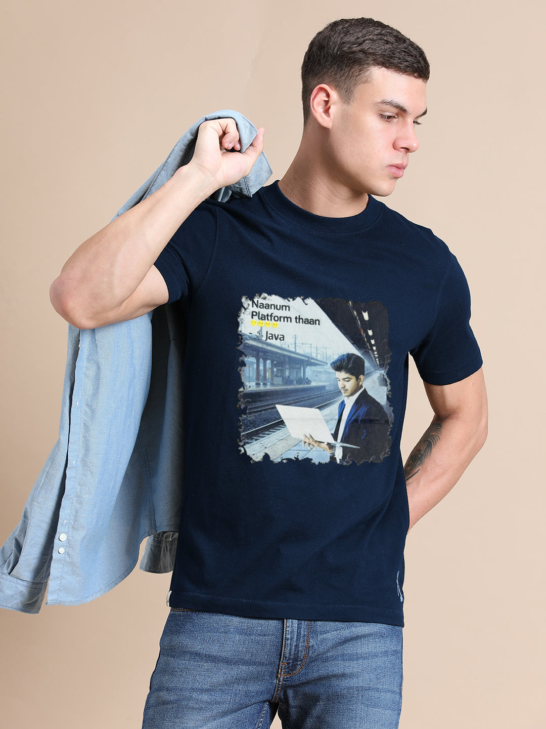 Navy Blue Cotton Crew Neck Printed T-Shirt For Men